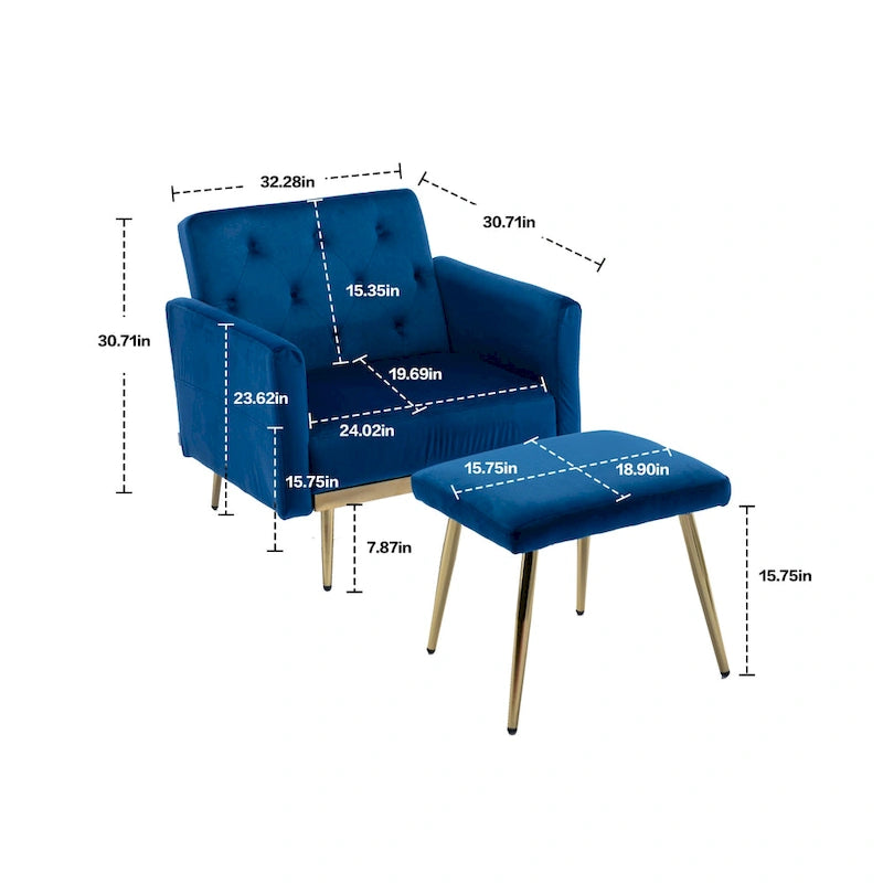 Fauteuil d'appoint en velours avec accoudoirs et dossier réglables, chaise longue capitonnée, fauteuil inclinable simple avec ottoman