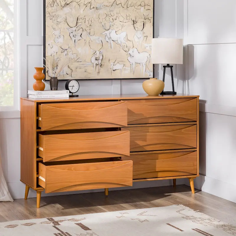 Commode à 6 tiroirs en bois massif de style Mid-Century
