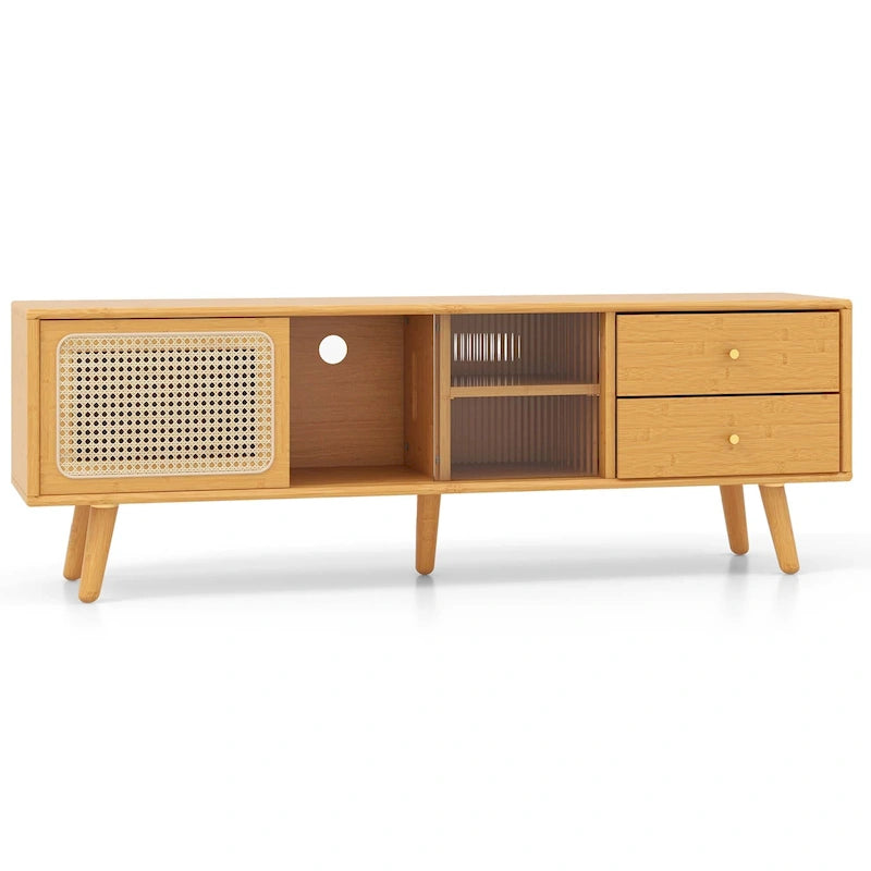 Meuble TV Console en Bambou avec Porte en Rotin PE et 2 Tiroirs