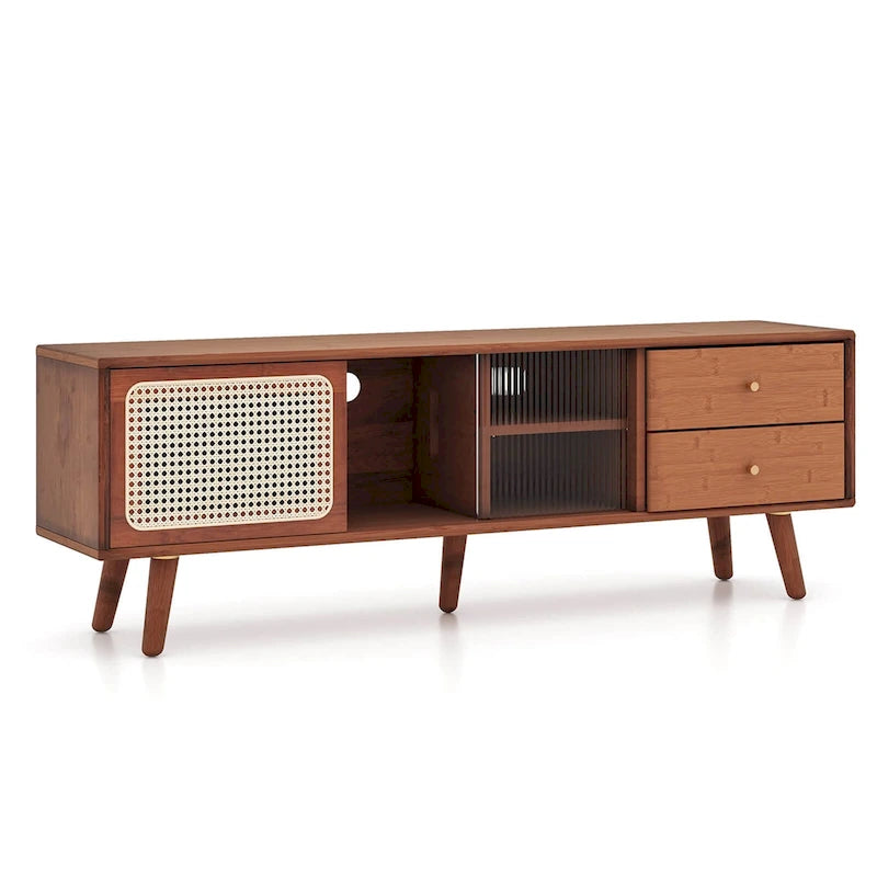 Meuble TV Console en Bambou avec Porte en Rotin PE et 2 Tiroirs