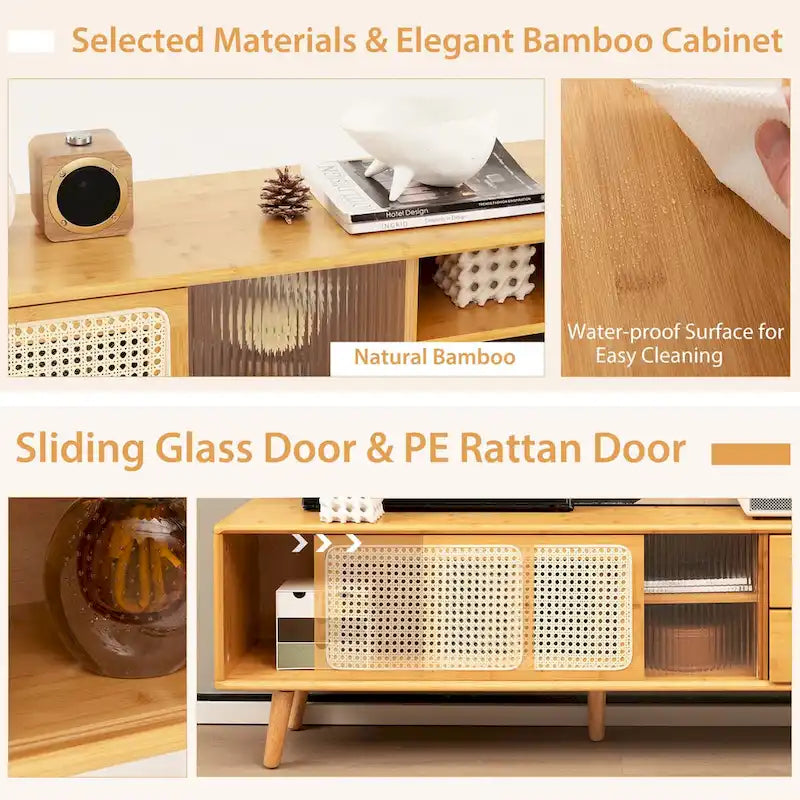 Meuble TV Console en Bambou avec Porte en Rotin PE et 2 Tiroirs