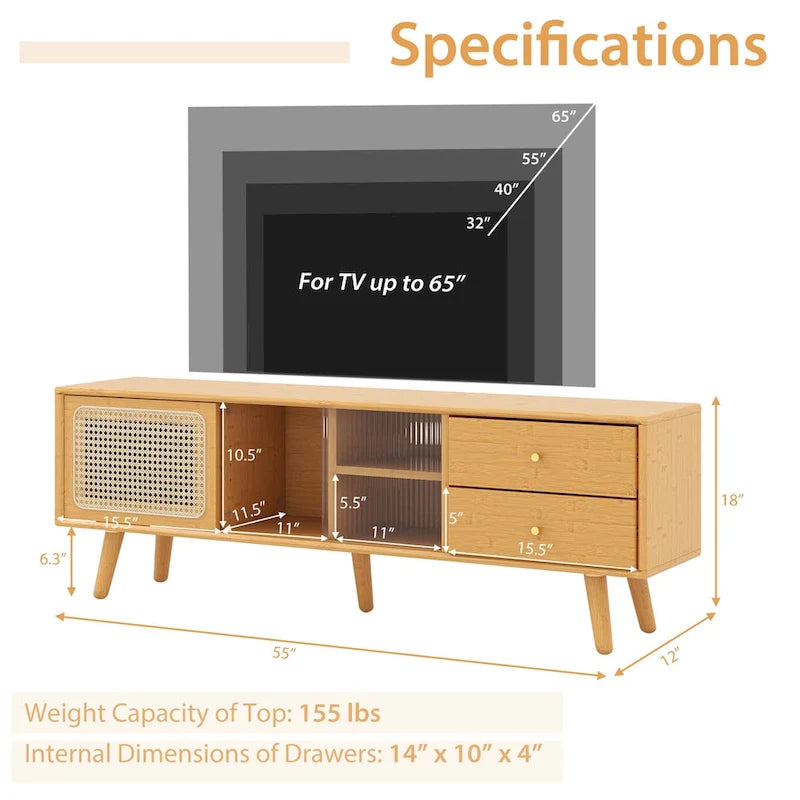 Meuble TV Console en Bambou avec Porte en Rotin PE et 2 Tiroirs