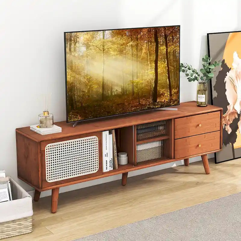Meuble TV Console en Bambou avec Porte en Rotin PE et 2 Tiroirs