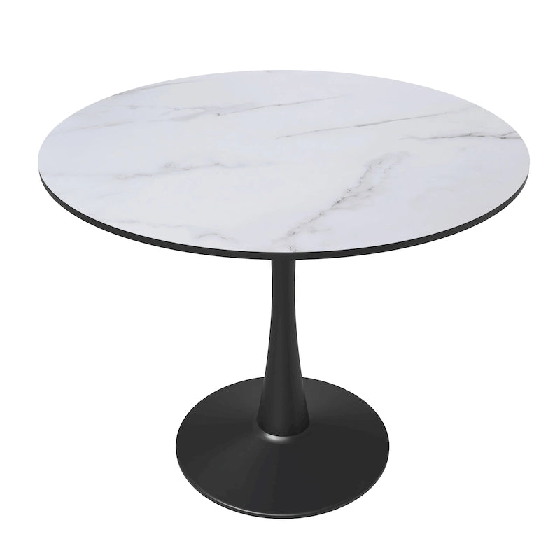 Table à manger ronde de 35 pouces, style moderne du milieu du siècle, plateau en bois et pied colonne en fer brillant pour cuisine et salle à manger