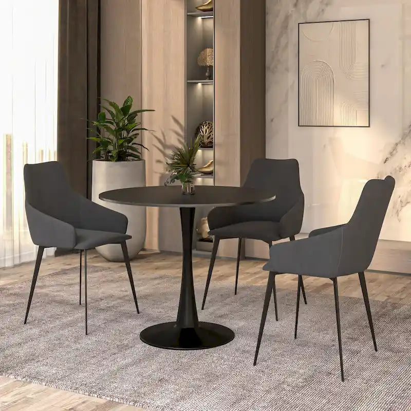 Bristol 35 Inch Mid Century Modern Round Dining Table, Wood Top & Glossy Iron Pedestal Base for Kitchen & Dining Room