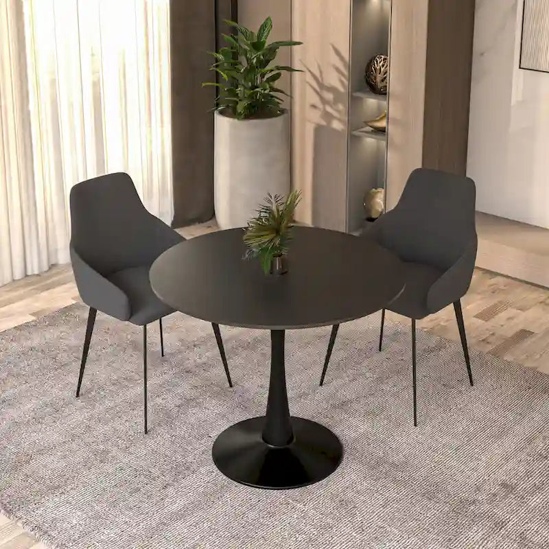 Table à manger ronde de 35 pouces, style moderne du milieu du siècle, plateau en bois et pied colonne en fer brillant pour cuisine et salle à manger