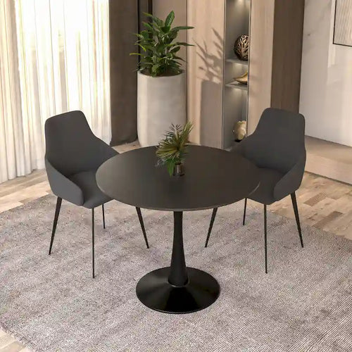 Table à manger ronde de 35 pouces, style moderne du milieu du siècle, plateau en bois et pied colonne en fer brillant pour cuisine et salle à manger