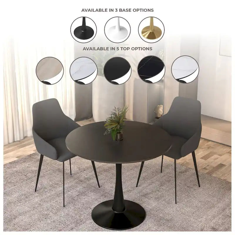 Table à manger ronde de 35 pouces, style moderne du milieu du siècle, plateau en bois et pied colonne en fer brillant pour cuisine et salle à manger