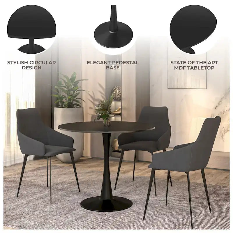 Table à manger ronde de 35 pouces, style moderne du milieu du siècle, plateau en bois et pied colonne en fer brillant pour cuisine et salle à manger