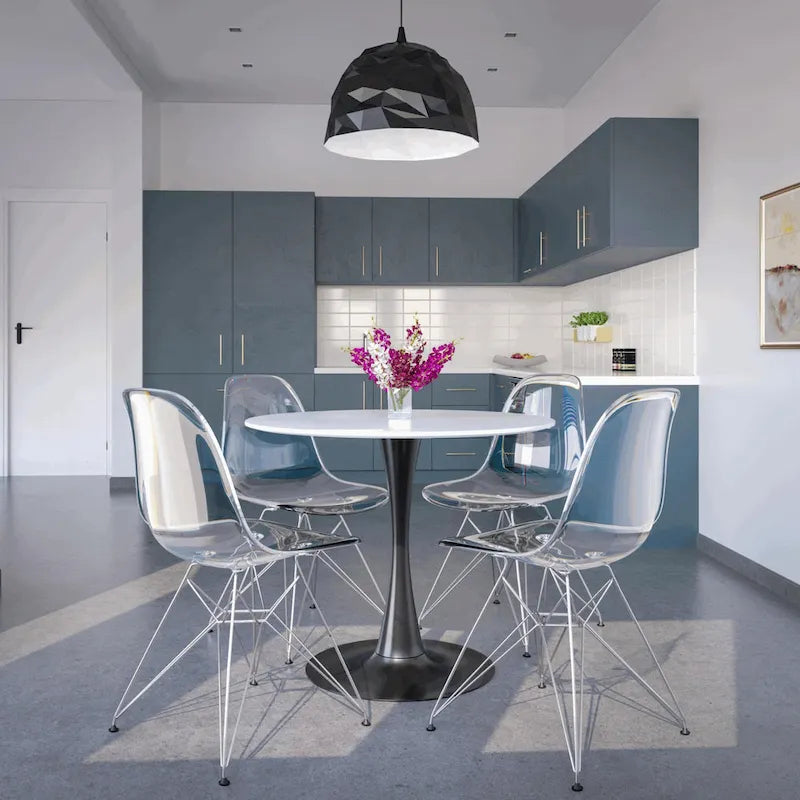 Table à manger ronde de 35 pouces, style moderne du milieu du siècle, plateau en bois et pied colonne en fer brillant pour cuisine et salle à manger