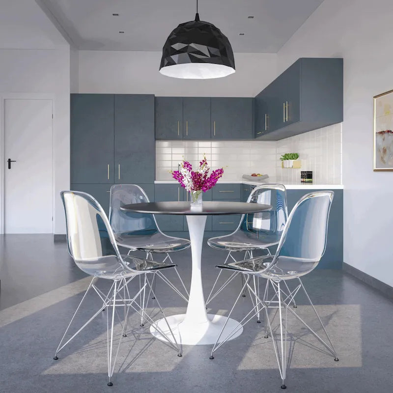 Table à manger ronde de 35 pouces, style moderne du milieu du siècle, plateau en bois et pied colonne en fer brillant pour cuisine et salle à manger