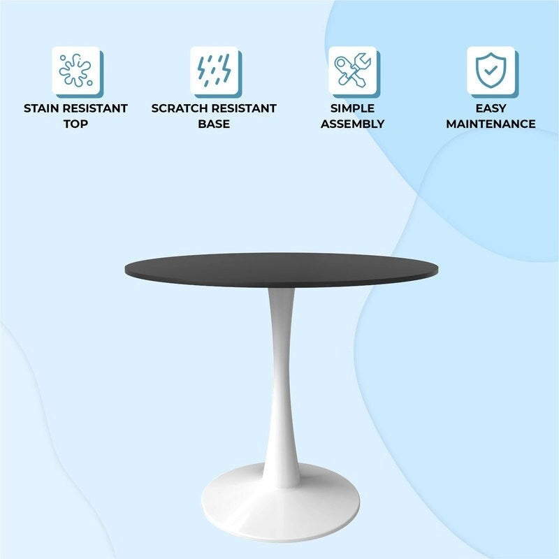Table à manger ronde de 35 pouces, style moderne du milieu du siècle, plateau en bois et pied colonne en fer brillant pour cuisine et salle à manger