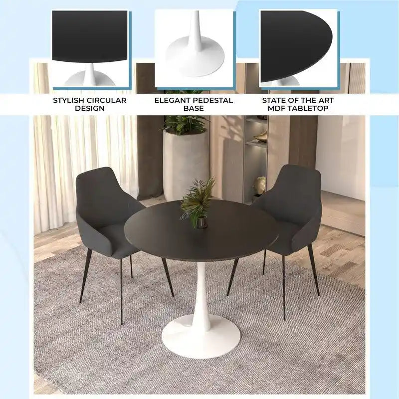 Table à manger ronde de 35 pouces, style moderne du milieu du siècle, plateau en bois et pied colonne en fer brillant pour cuisine et salle à manger