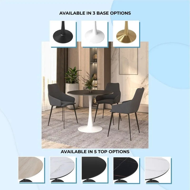 Table à manger ronde de 35 pouces, style moderne du milieu du siècle, plateau en bois et pied colonne en fer brillant pour cuisine et salle à manger