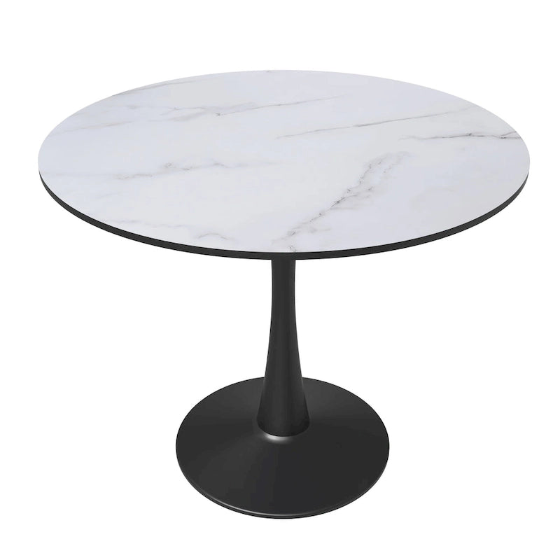 Table à manger ronde de 35 pouces, style moderne du milieu du siècle, plateau en bois et pied colonne en fer brillant pour cuisine et salle à manger