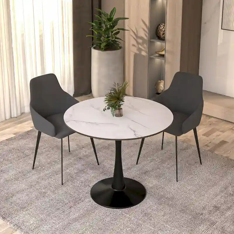 Table à manger ronde de 35 pouces, style moderne du milieu du siècle, plateau en bois et pied colonne en fer brillant pour cuisine et salle à manger