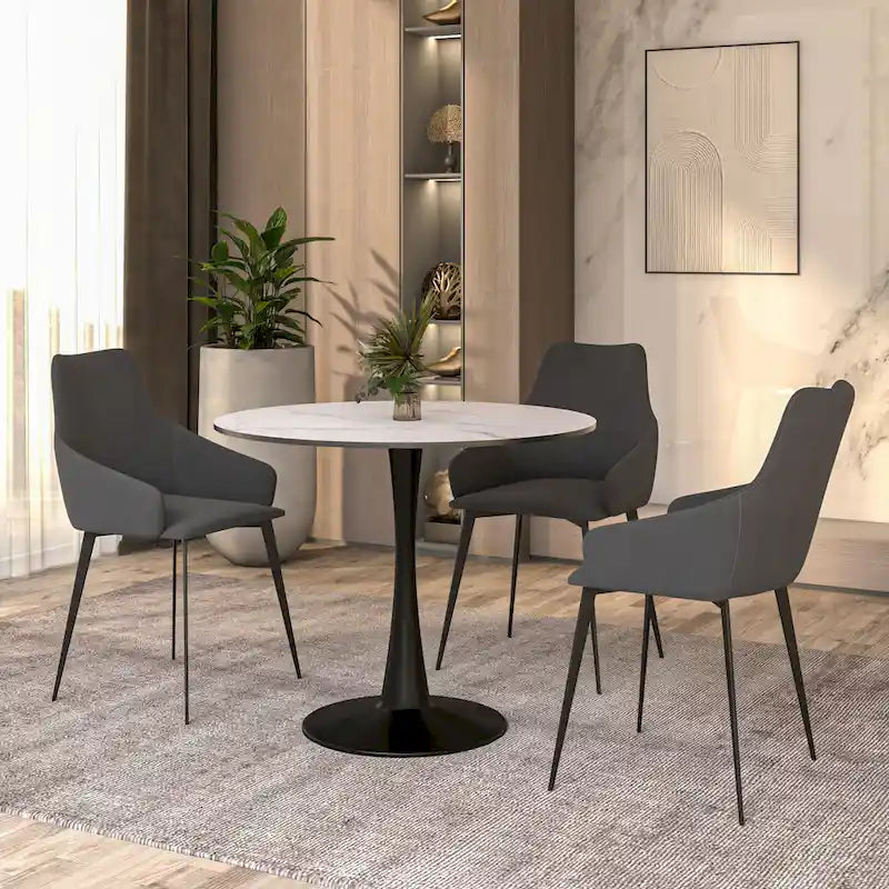 Table à manger ronde de 35 pouces, style moderne du milieu du siècle, plateau en bois et pied colonne en fer brillant pour cuisine et salle à manger