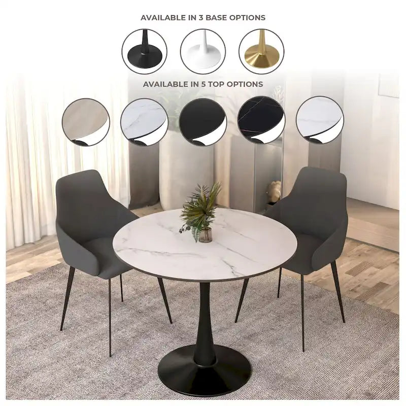 Table à manger ronde de 35 pouces, style moderne du milieu du siècle, plateau en bois et pied colonne en fer brillant pour cuisine et salle à manger