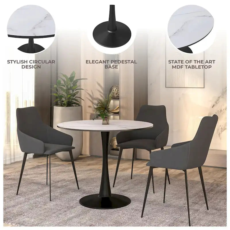 Table à manger ronde de 35 pouces, style moderne du milieu du siècle, plateau en bois et pied colonne en fer brillant pour cuisine et salle à manger