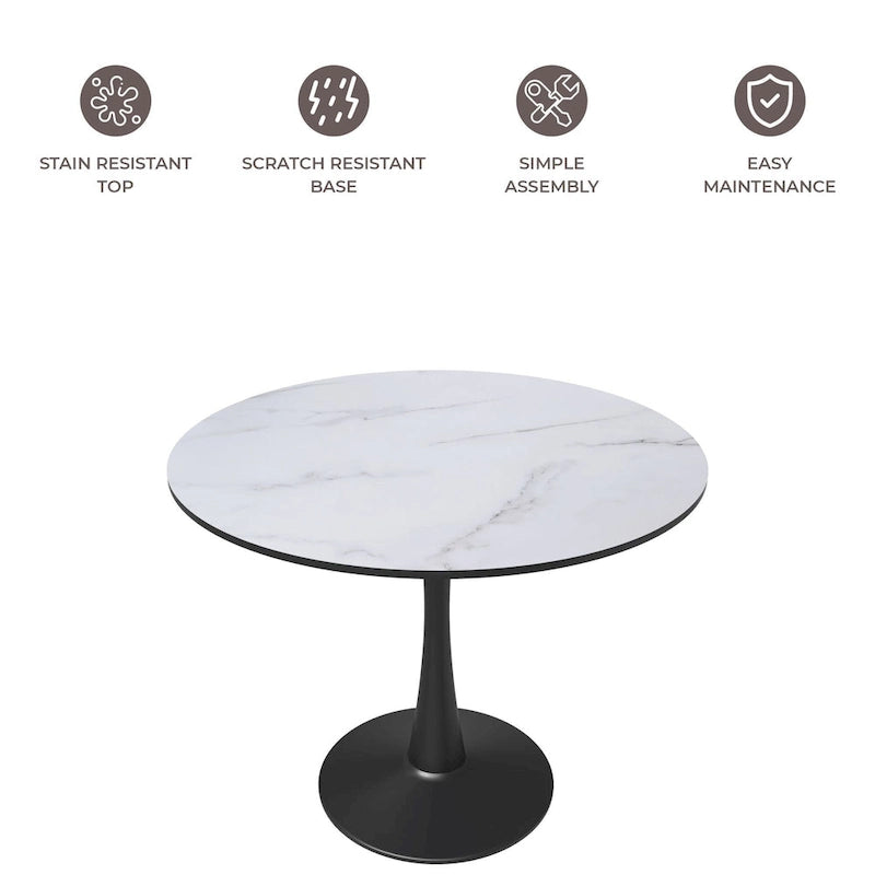 Table à manger ronde de 35 pouces, style moderne du milieu du siècle, plateau en bois et pied colonne en fer brillant pour cuisine et salle à manger