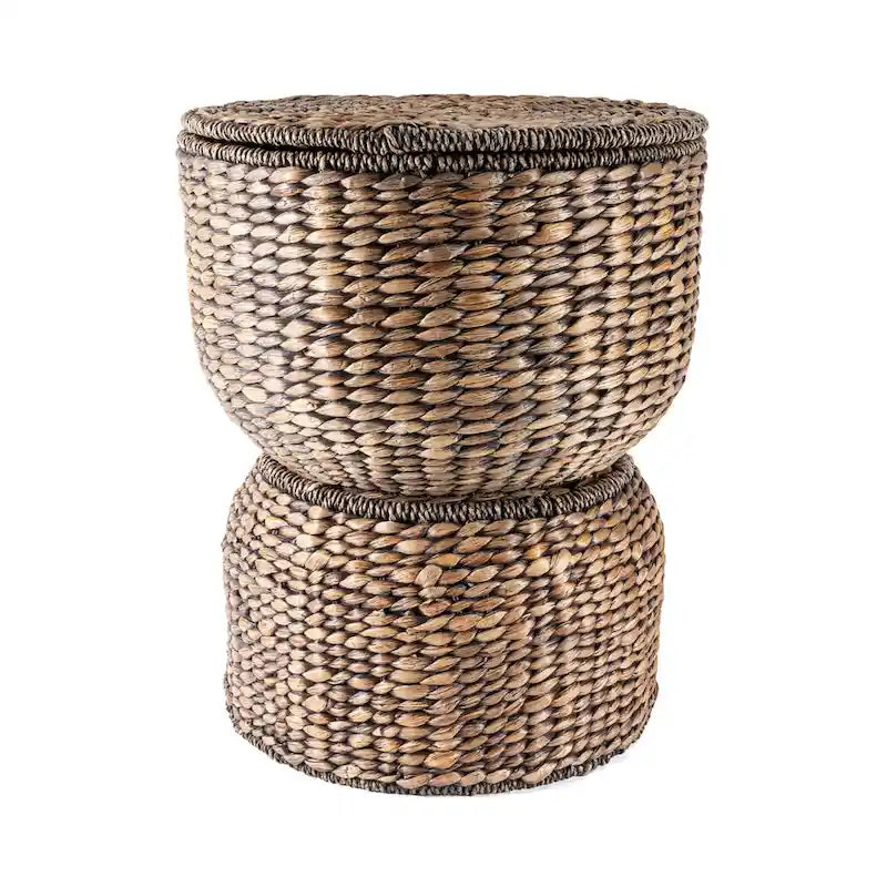 Table d'appoint de rangement 18 po en jacinthe d'eau tressée à la main, avec couvercle, forme sablier