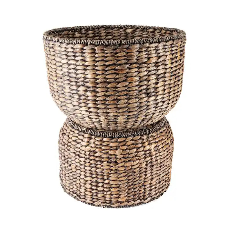 Table d'appoint de rangement 18 po en jacinthe d'eau tressée à la main, avec couvercle, forme sablier