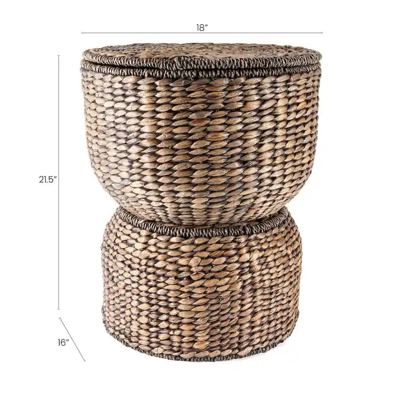 Table d'appoint de rangement 18 po en jacinthe d'eau tressée à la main, avec couvercle, forme sablier