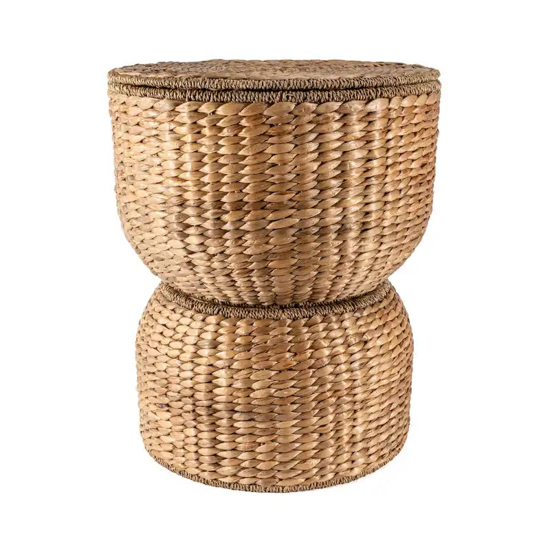 Table d'appoint de rangement 18 po en jacinthe d'eau tressée à la main, avec couvercle, forme sablier