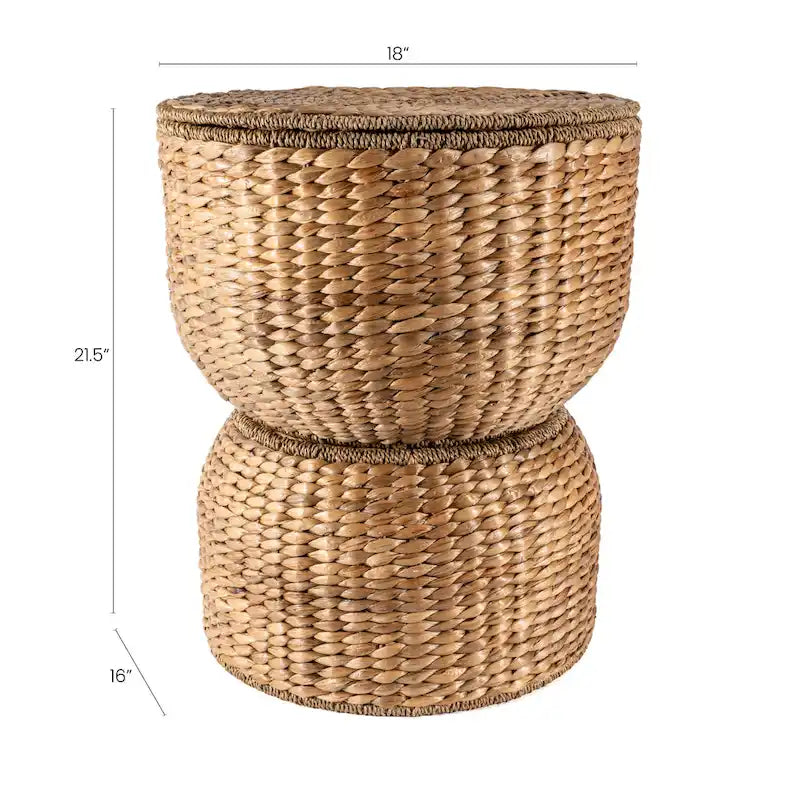 Table d'appoint de rangement 18 po en jacinthe d'eau tressée à la main, avec couvercle, forme sablier