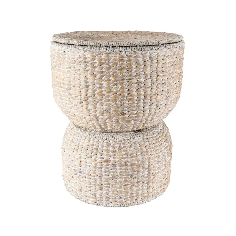 Table d'appoint de rangement 18 po en jacinthe d'eau tressée à la main, avec couvercle, forme sablier