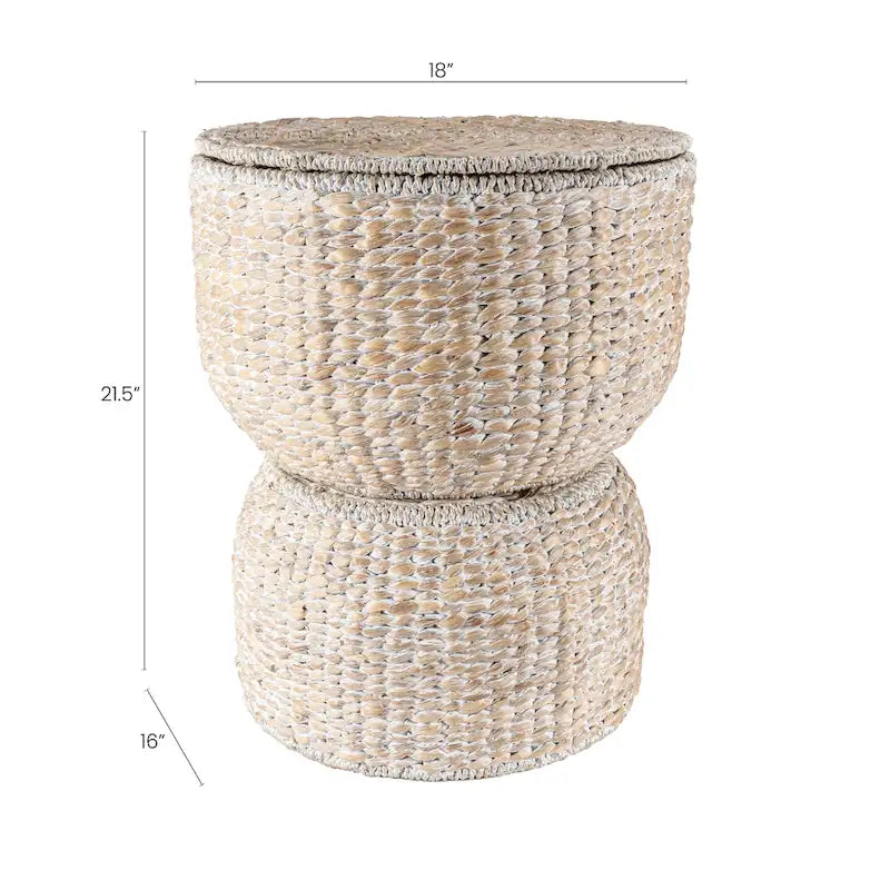 Table d'appoint de rangement 18 po en jacinthe d'eau tressée à la main, avec couvercle, forme sablier