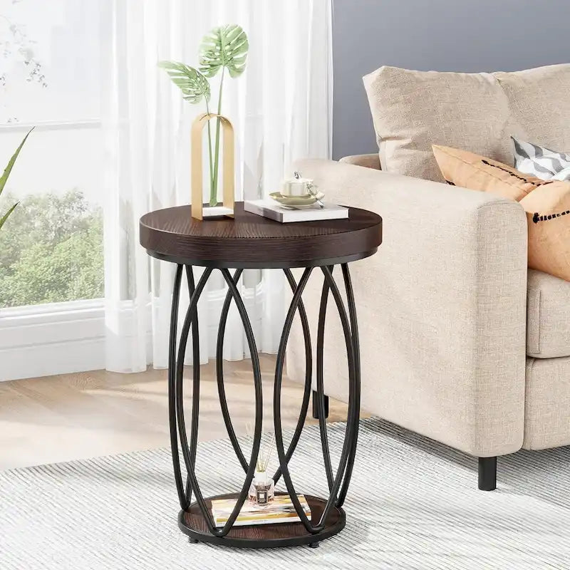 Table d'appoint ronde industrielle, Petite table de bout avec cadre en métal