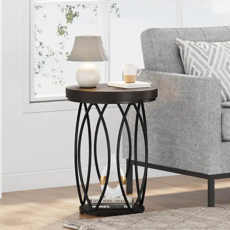 Table d'appoint ronde industrielle, Petite table de bout avec cadre en métal