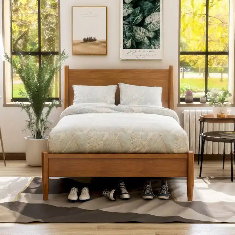 Lit plateforme en bois lambrissé style moderne du milieu du siècle, taille Queen