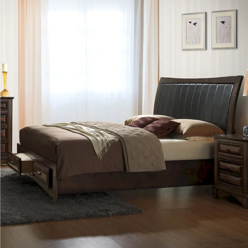 Lit plateforme king-size avec rangement en bois d'espresso clair