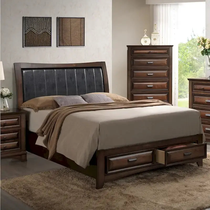 Lit plateforme king-size avec rangement en bois d'espresso clair