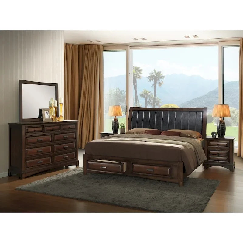 Lit plateforme king-size avec rangement en bois d'espresso clair