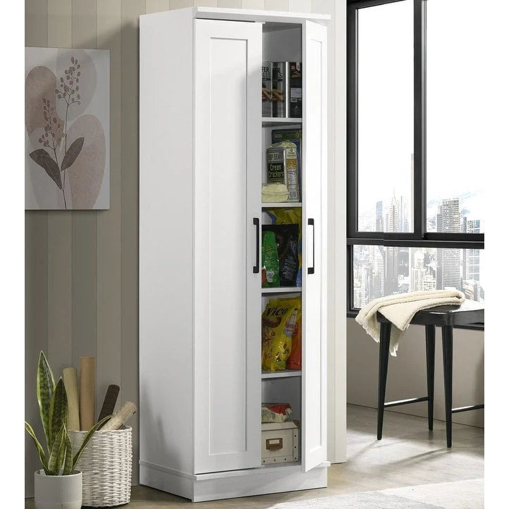 Meuble de rangement blanc épuré avec portes à cadre en relief