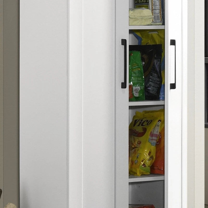 Meuble de rangement blanc épuré avec portes à cadre en relief