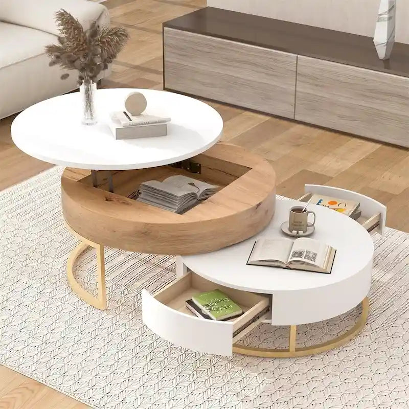  Modern Round Lift-top Nesting Coffee Tables with 2 Drawers