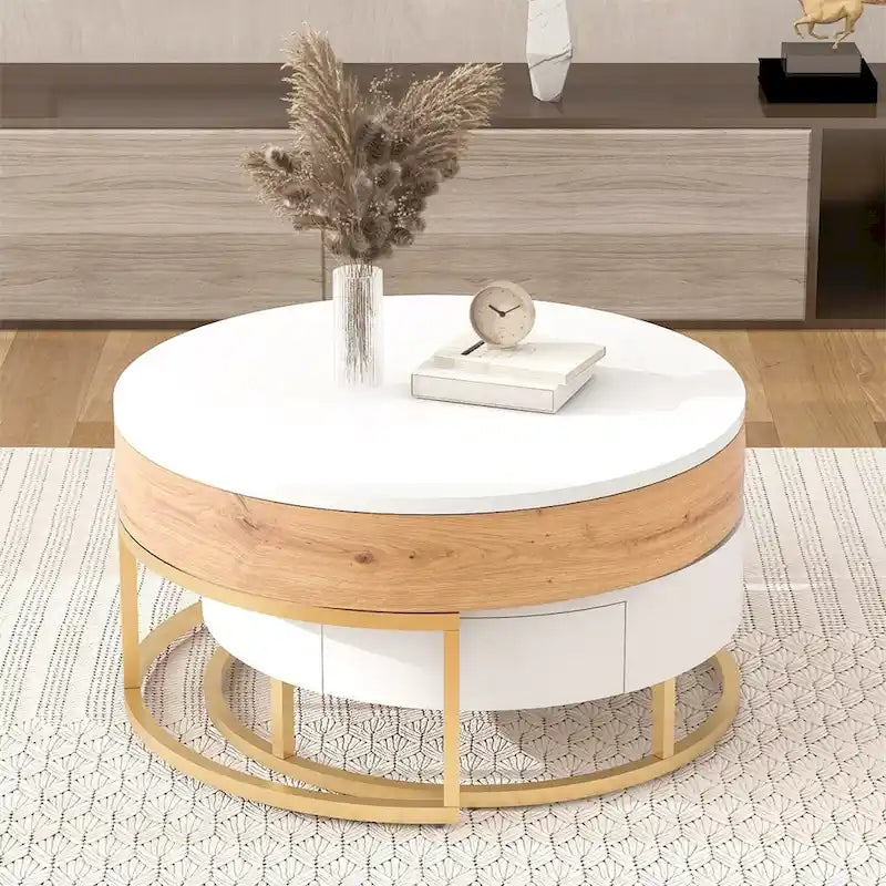 Tables basses gigognes rondes modernes à plateau relevable avec 2 tiroirs