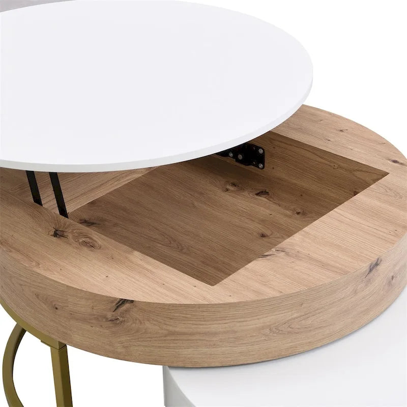 Tables basses gigognes rondes modernes à plateau relevable avec 2 tiroirs