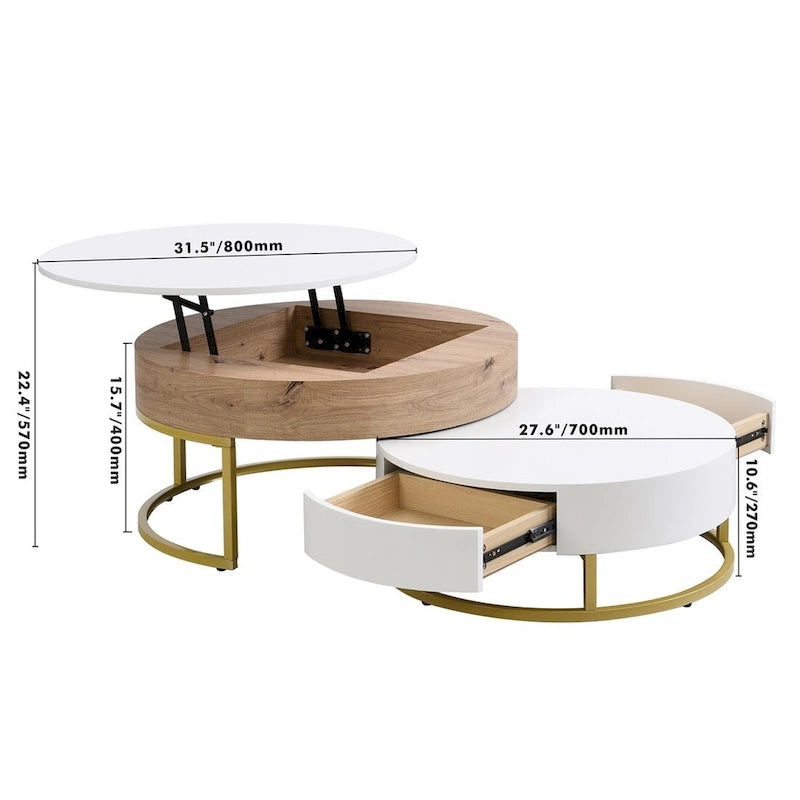 Tables basses gigognes rondes modernes à plateau relevable avec 2 tiroirs