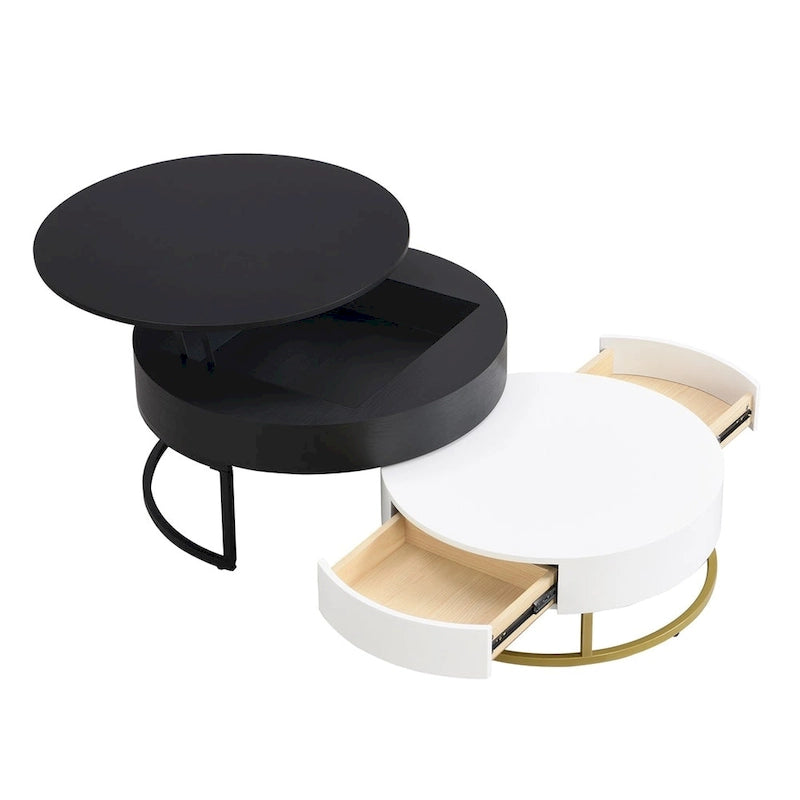 Tables basses gigognes rondes modernes à plateau relevable avec 2 tiroirs