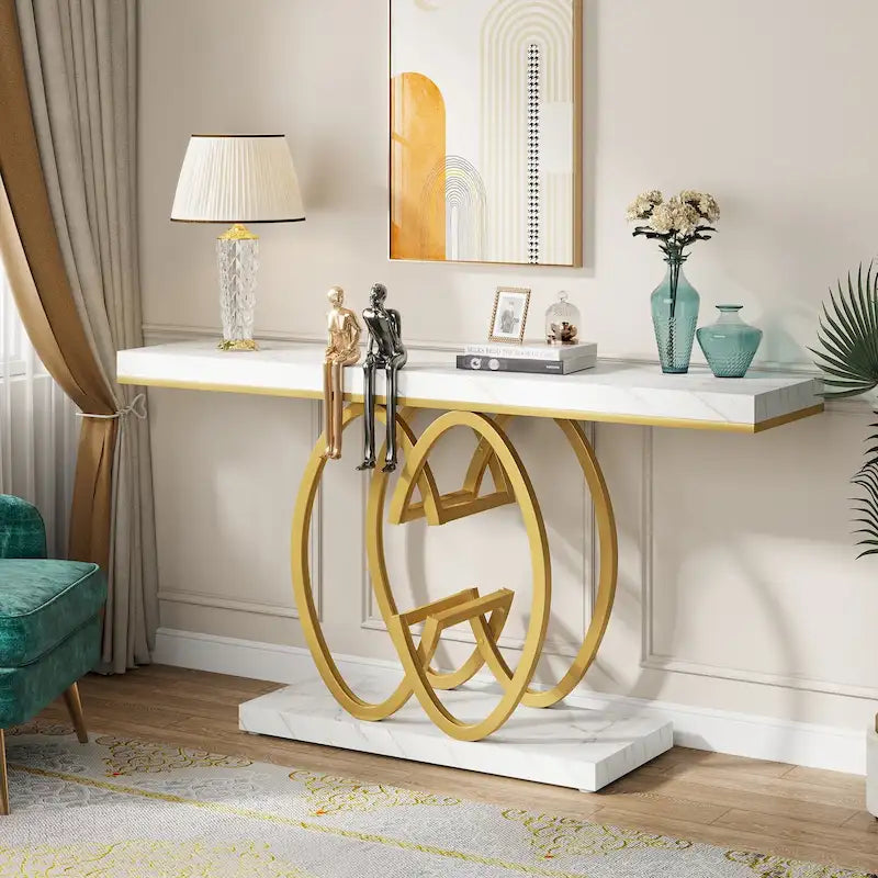 Console en similicuir de 55 pouces avec plateau en marbre, table de canapé dorée pour entrée