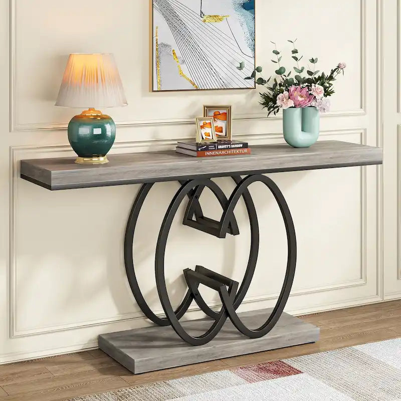Console en similicuir de 55 pouces avec plateau en marbre, table de canapé dorée pour entrée