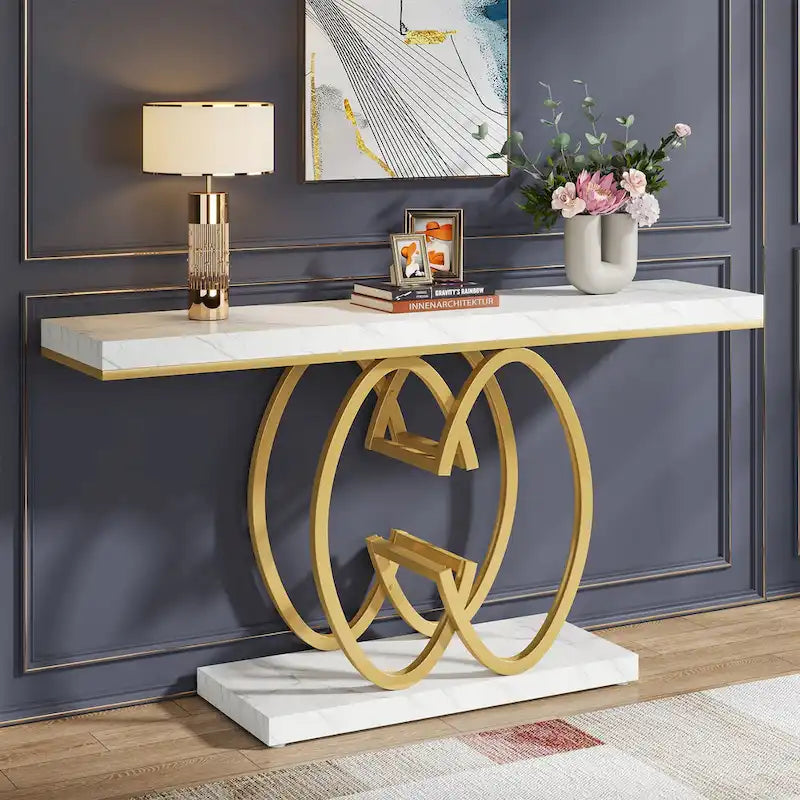 Console en similicuir de 55 pouces avec plateau en marbre, table de canapé dorée pour entrée