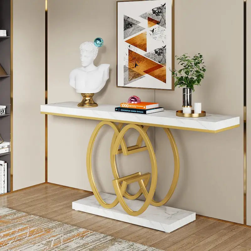 Console en similicuir de 55 pouces avec plateau en marbre, table de canapé dorée pour entrée