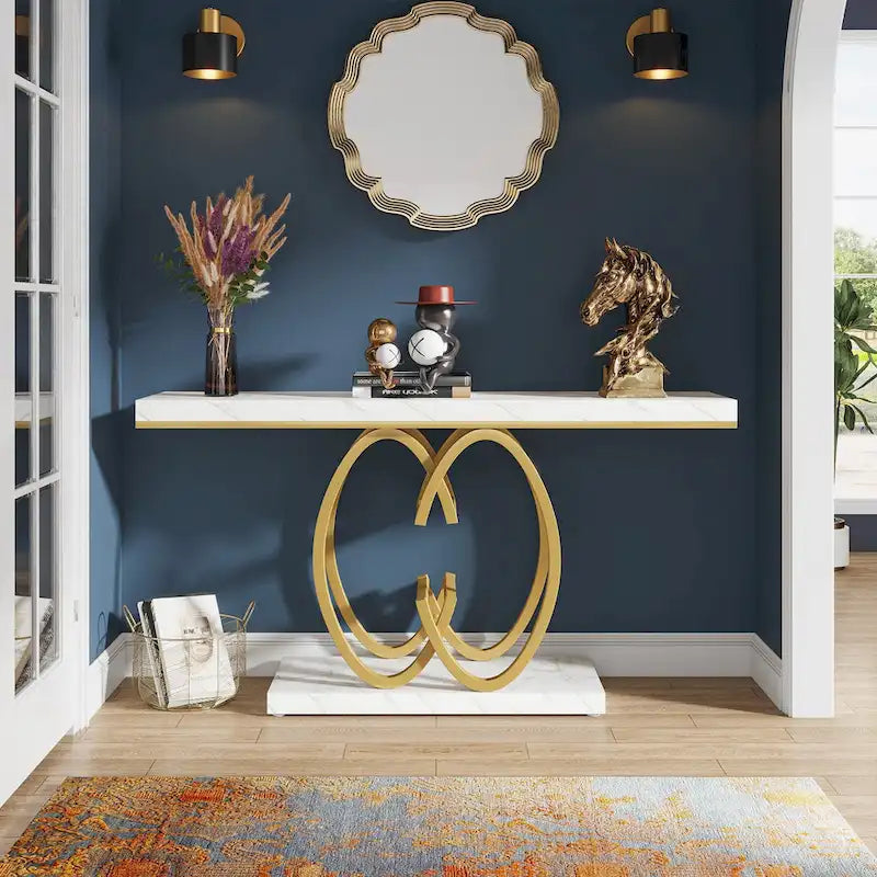 Console en similicuir de 55 pouces avec plateau en marbre, table de canapé dorée pour entrée