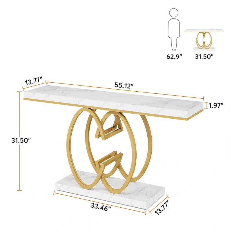 Console en similicuir de 55 pouces avec plateau en marbre, table de canapé dorée pour entrée